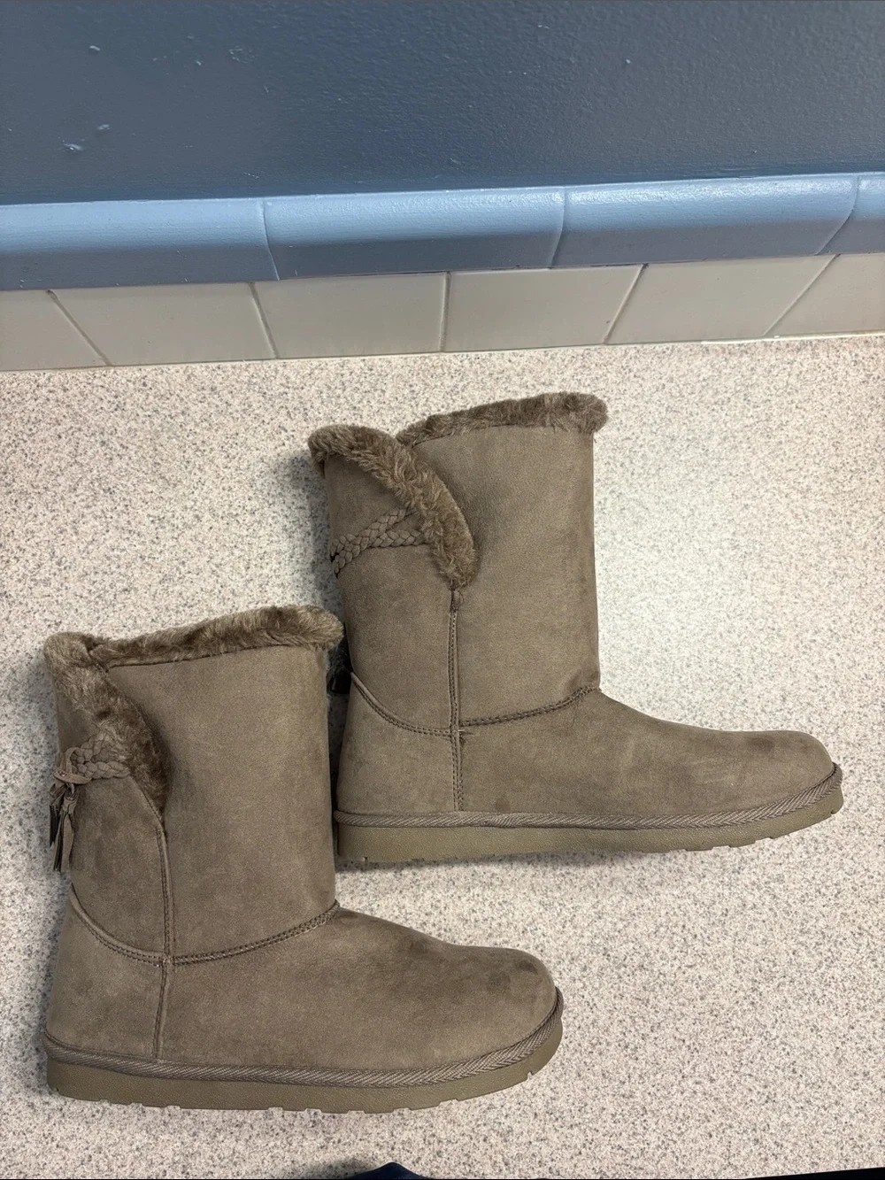 Arizona Jean Company Taupe Faux-Suede Fur-Trim Tassel Short Boots